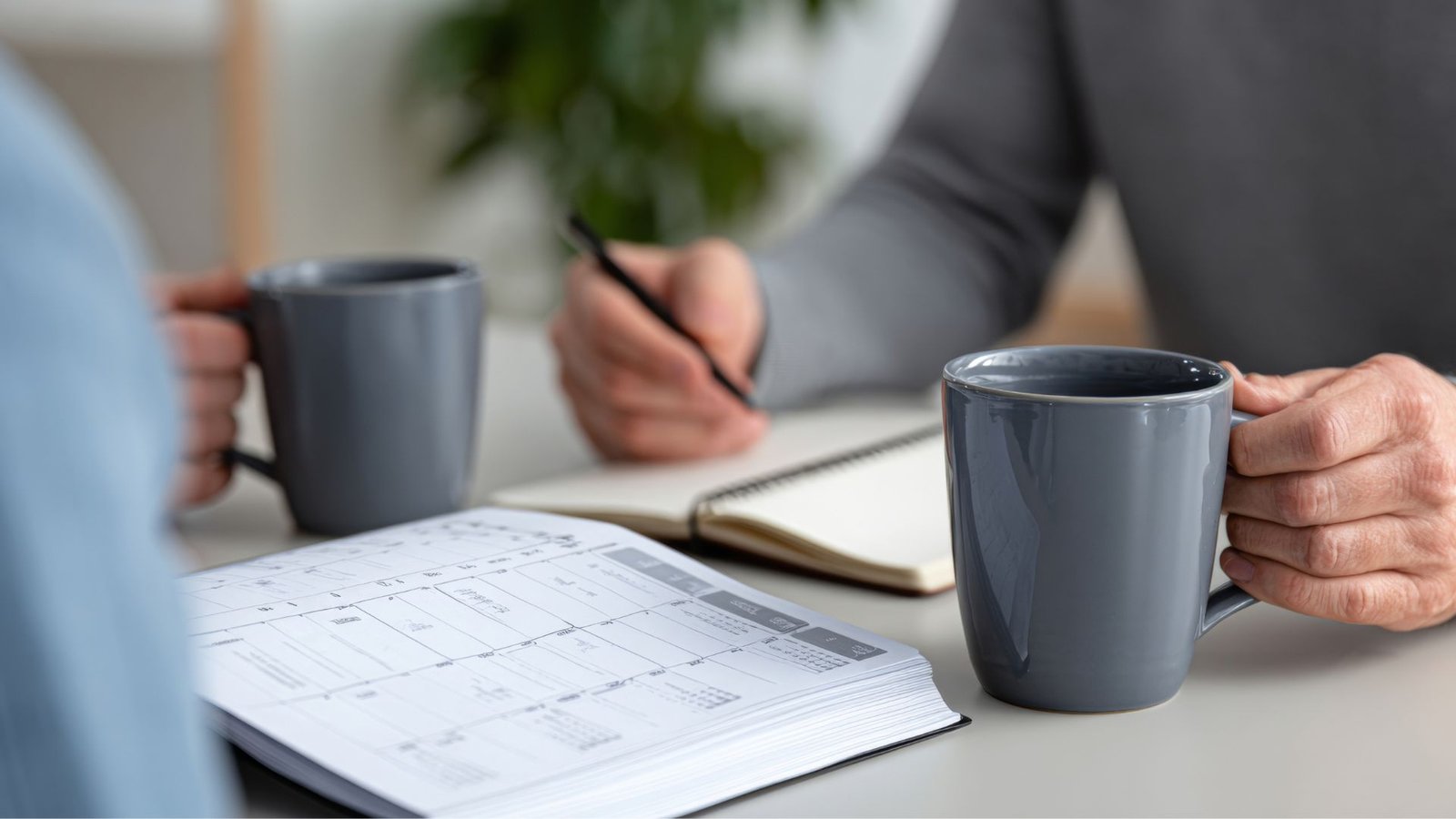 dousparent-hero-parents-planning-calendar Two parents at a table with coffee and a calendar, planning a parenting schedule